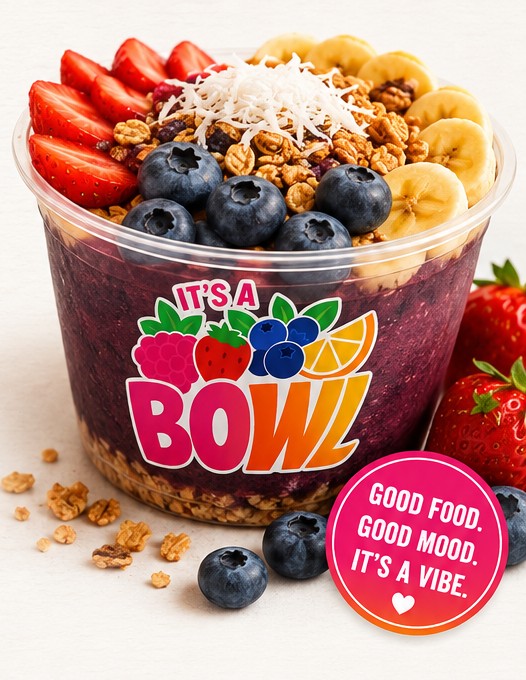 It's A Bowl açaí bowl topped with strawberries, blueberries, bananas, and granola